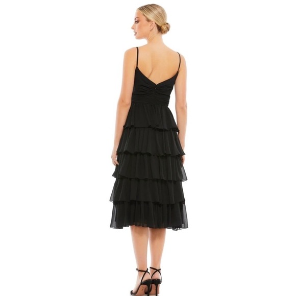 Mac Duggal 55437 Ruffle Layered V-Neck Midi Dress Black Size 2 - Picture 3 of 7